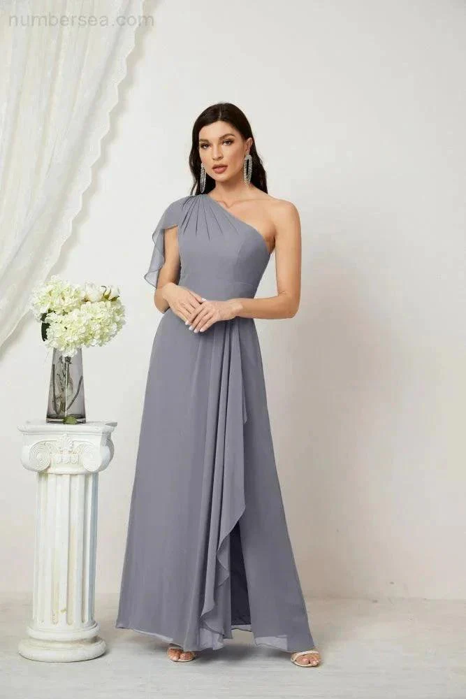 Numbersea  Chiffon Ruffled One Shoulder Long Bridesmaid Dresses A-line Formal Evening Gown Side Split 2809 - Image 11