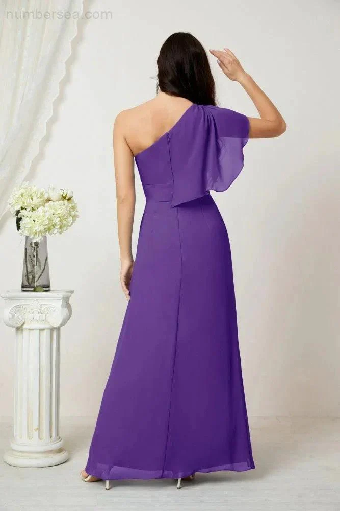 Numbersea  Chiffon Ruffled One Shoulder Long Bridesmaid Dresses A-line Formal Evening Gown Side Split 2809 - Image 110