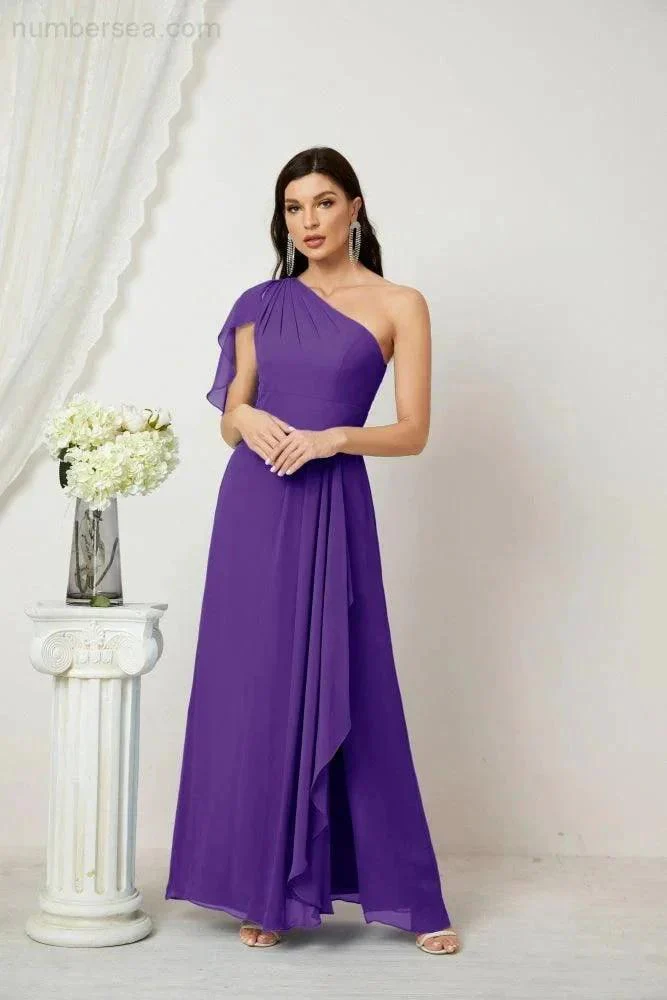 Numbersea  Chiffon Ruffled One Shoulder Long Bridesmaid Dresses A-line Formal Evening Gown Side Split 2809 - Image 111