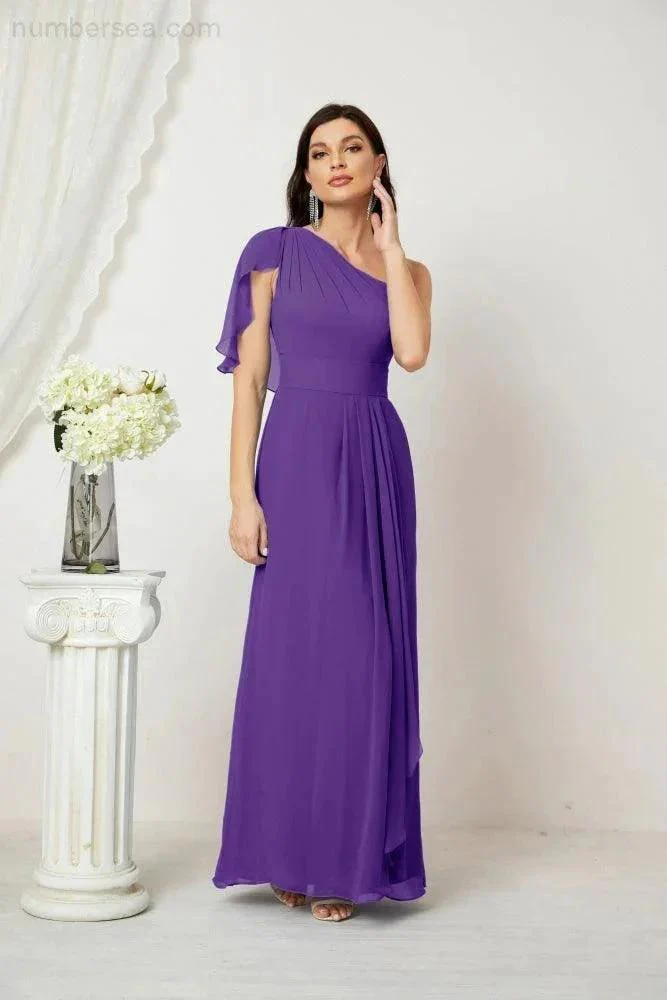 Numbersea  Chiffon Ruffled One Shoulder Long Bridesmaid Dresses A-line Formal Evening Gown Side Split 2809 - Image 112
