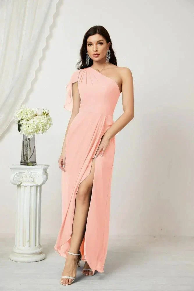 Numbersea  Chiffon Ruffled One Shoulder Long Bridesmaid Dresses A-line Formal Evening Gown Side Split 2809 - Image 113
