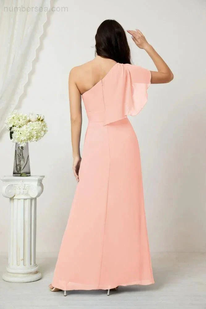 Numbersea  Chiffon Ruffled One Shoulder Long Bridesmaid Dresses A-line Formal Evening Gown Side Split 2809 - Image 114