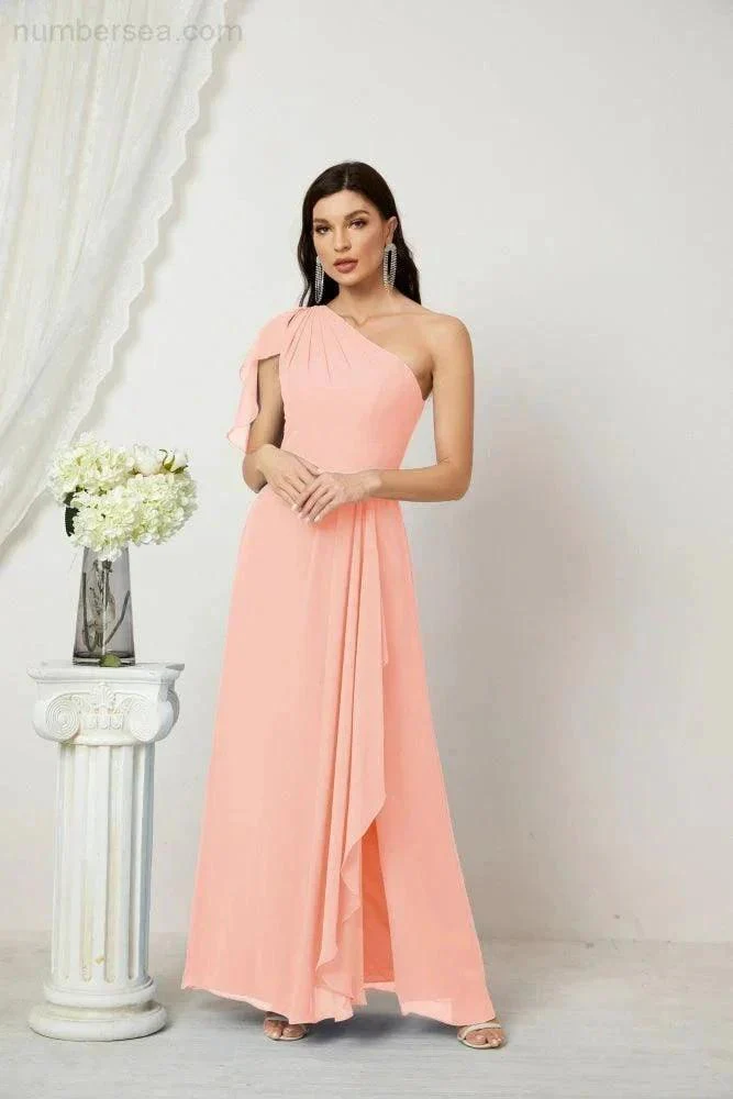 Numbersea  Chiffon Ruffled One Shoulder Long Bridesmaid Dresses A-line Formal Evening Gown Side Split 2809 - Image 115