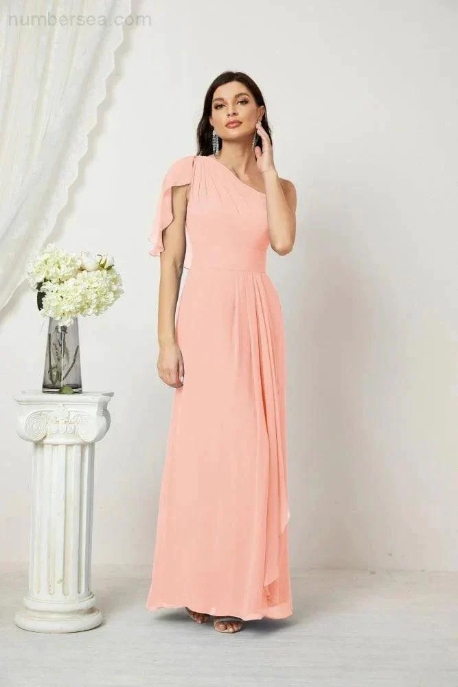 Numbersea  Chiffon Ruffled One Shoulder Long Bridesmaid Dresses A-line Formal Evening Gown Side Split 2809 - Image 116