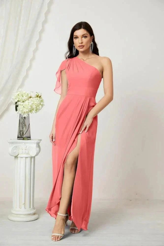 Numbersea  Chiffon Ruffled One Shoulder Long Bridesmaid Dresses A-line Formal Evening Gown Side Split 2809 - Image 117