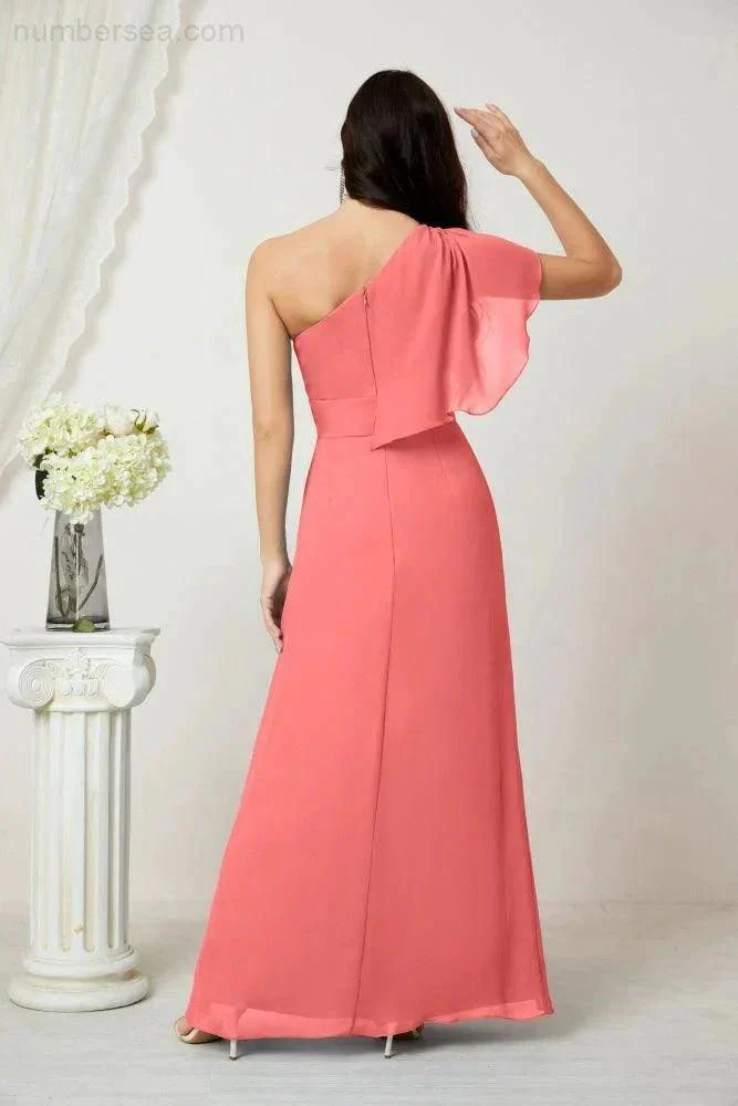 Numbersea  Chiffon Ruffled One Shoulder Long Bridesmaid Dresses A-line Formal Evening Gown Side Split 2809 - Image 118