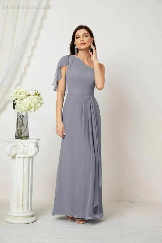 Numbersea  Chiffon Ruffled One Shoulder Long Bridesmaid Dresses A-line Formal Evening Gown Side Split 2809 - Image 12