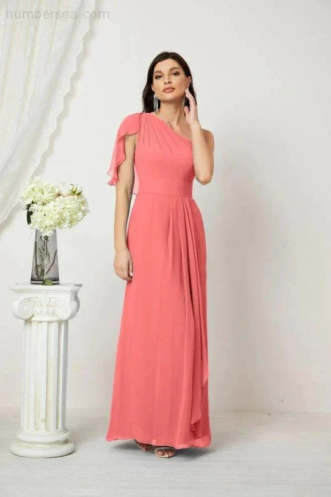Numbersea  Chiffon Ruffled One Shoulder Long Bridesmaid Dresses A-line Formal Evening Gown Side Split 2809 - Image 120