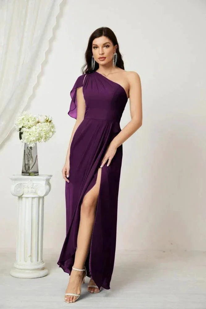 Numbersea  Chiffon Ruffled One Shoulder Long Bridesmaid Dresses A-line Formal Evening Gown Side Split 2809 - Image 121