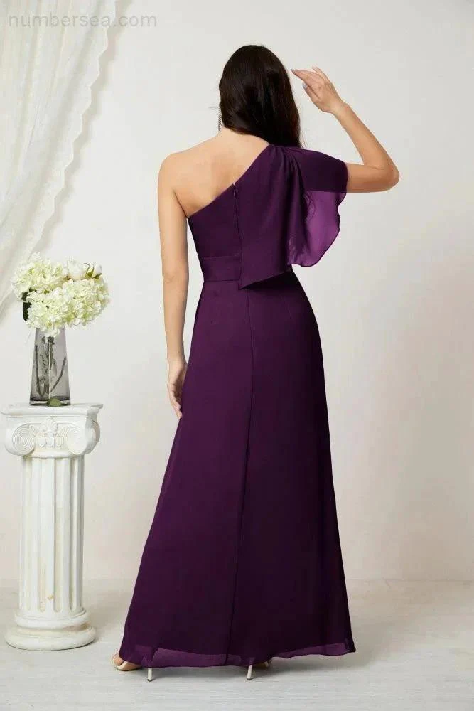 Numbersea  Chiffon Ruffled One Shoulder Long Bridesmaid Dresses A-line Formal Evening Gown Side Split 2809 - Image 122
