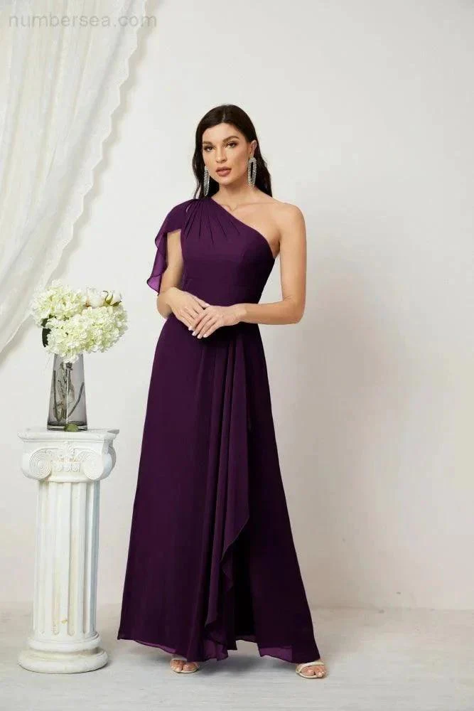 Numbersea  Chiffon Ruffled One Shoulder Long Bridesmaid Dresses A-line Formal Evening Gown Side Split 2809 - Image 123