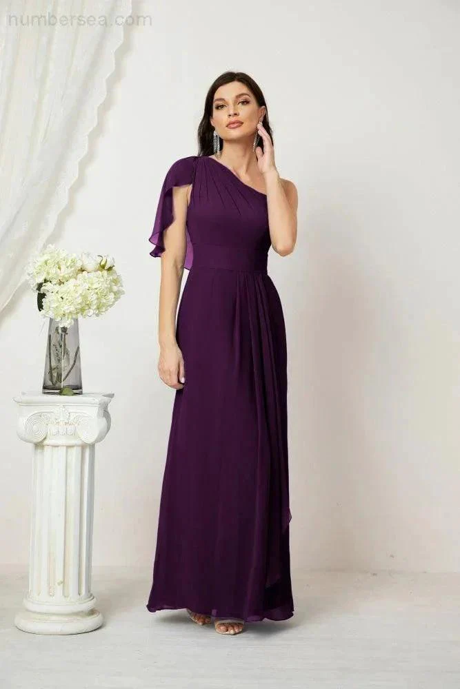 Numbersea  Chiffon Ruffled One Shoulder Long Bridesmaid Dresses A-line Formal Evening Gown Side Split 2809 - Image 124