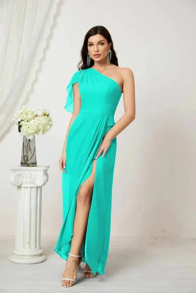 Numbersea  Chiffon Ruffled One Shoulder Long Bridesmaid Dresses A-line Formal Evening Gown Side Split 2809 - Image 125