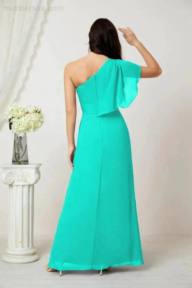 Numbersea  Chiffon Ruffled One Shoulder Long Bridesmaid Dresses A-line Formal Evening Gown Side Split 2809 - Image 126