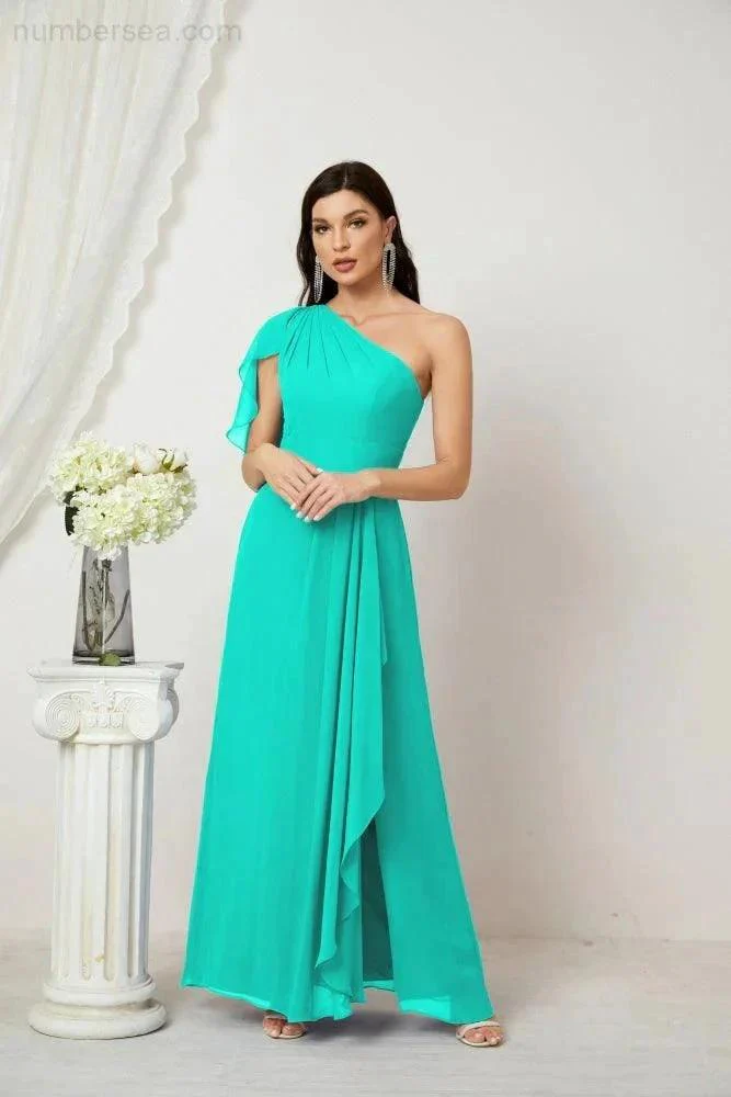 Numbersea  Chiffon Ruffled One Shoulder Long Bridesmaid Dresses A-line Formal Evening Gown Side Split 2809 - Image 127