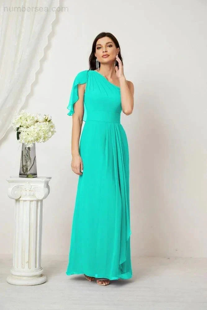 Numbersea  Chiffon Ruffled One Shoulder Long Bridesmaid Dresses A-line Formal Evening Gown Side Split 2809 - Image 128