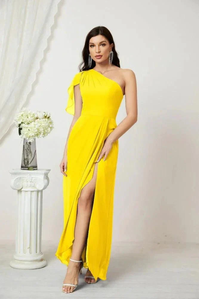 Numbersea  Chiffon Ruffled One Shoulder Long Bridesmaid Dresses A-line Formal Evening Gown Side Split 2809 - Image 129