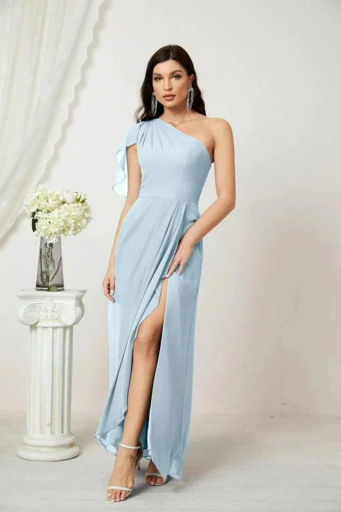 Numbersea  Chiffon Ruffled One Shoulder Long Bridesmaid Dresses A-line Formal Evening Gown Side Split 2809 - Image 13