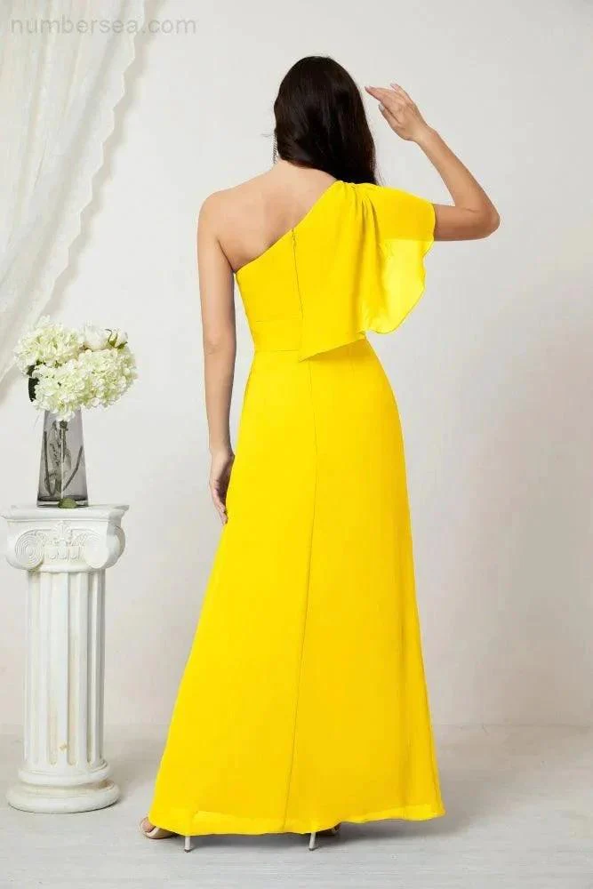 Numbersea  Chiffon Ruffled One Shoulder Long Bridesmaid Dresses A-line Formal Evening Gown Side Split 2809 - Image 130