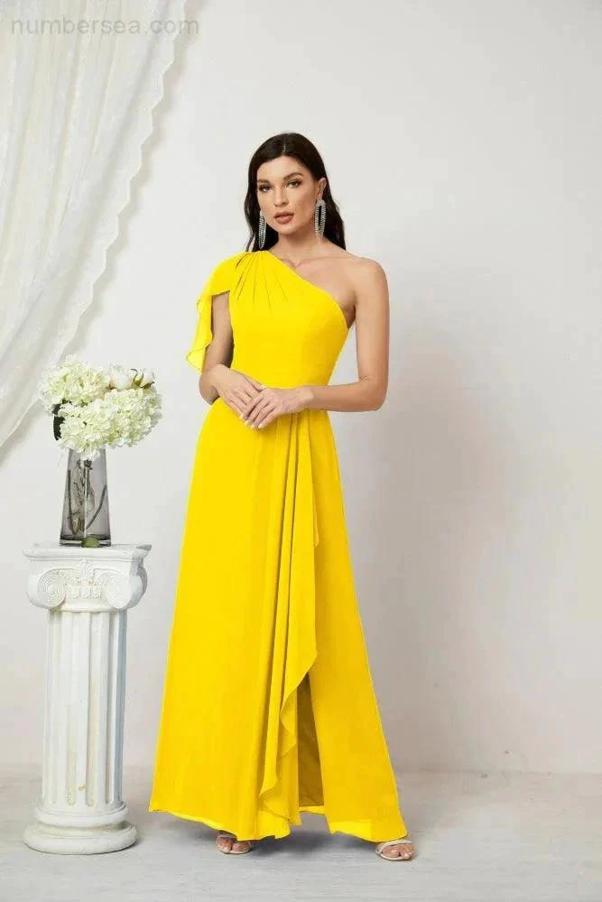 Numbersea  Chiffon Ruffled One Shoulder Long Bridesmaid Dresses A-line Formal Evening Gown Side Split 2809 - Image 131