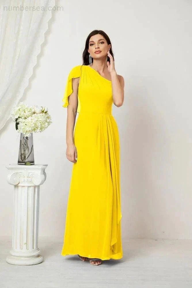 Numbersea  Chiffon Ruffled One Shoulder Long Bridesmaid Dresses A-line Formal Evening Gown Side Split 2809 - Image 132