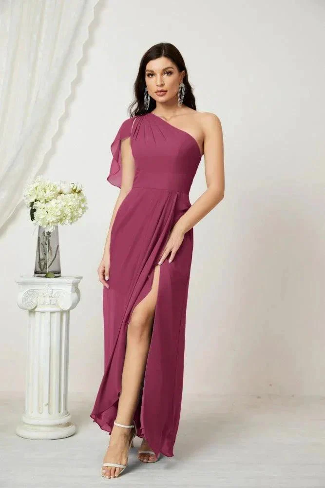 Numbersea  Chiffon Ruffled One Shoulder Long Bridesmaid Dresses A-line Formal Evening Gown Side Split 2809 - Image 133
