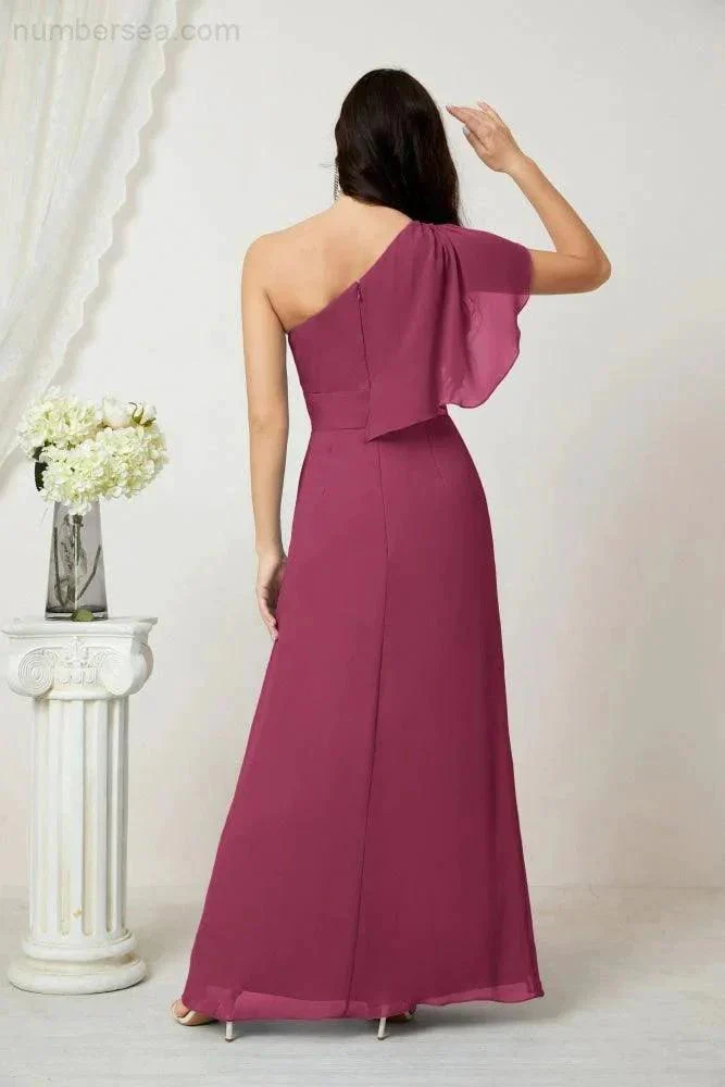 Numbersea  Chiffon Ruffled One Shoulder Long Bridesmaid Dresses A-line Formal Evening Gown Side Split 2809 - Image 134