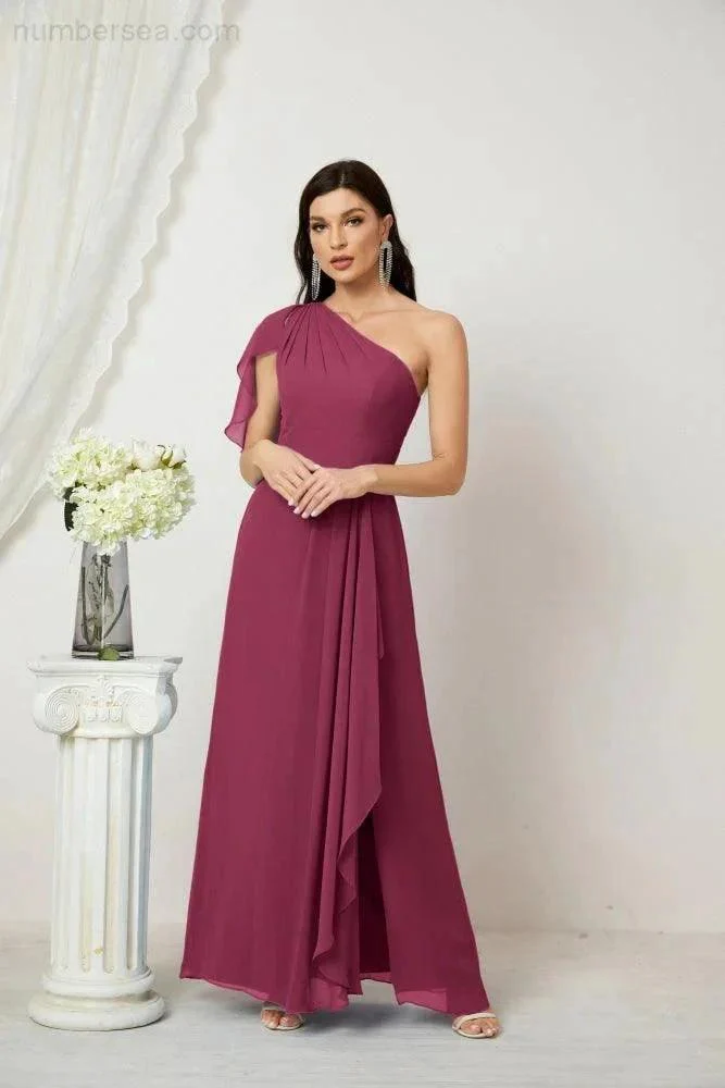 Numbersea  Chiffon Ruffled One Shoulder Long Bridesmaid Dresses A-line Formal Evening Gown Side Split 2809 - Image 135