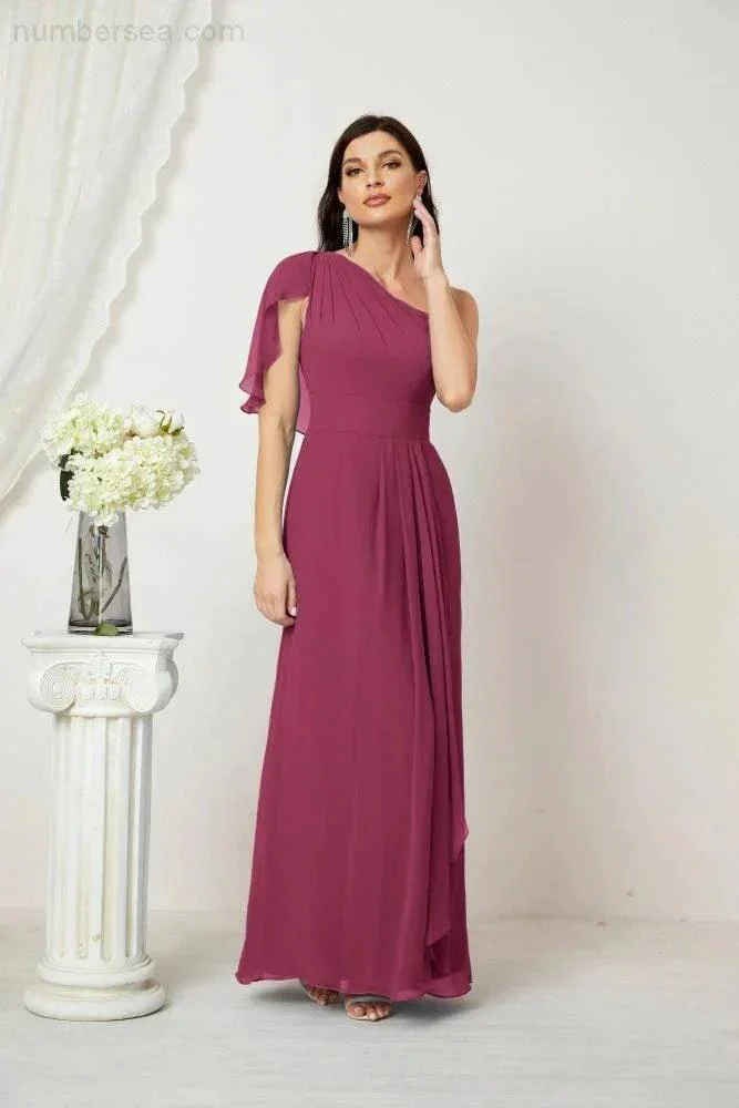 Numbersea  Chiffon Ruffled One Shoulder Long Bridesmaid Dresses A-line Formal Evening Gown Side Split 2809 - Image 136