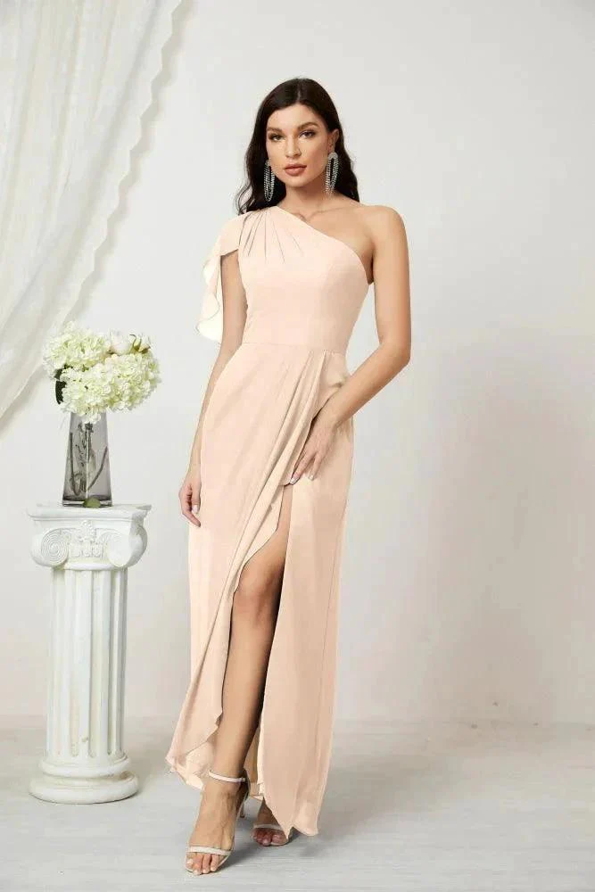 Numbersea  Chiffon Ruffled One Shoulder Long Bridesmaid Dresses A-line Formal Evening Gown Side Split 2809 - Image 137