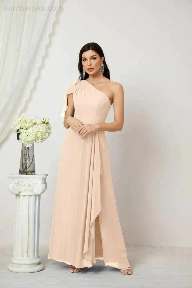 Numbersea  Chiffon Ruffled One Shoulder Long Bridesmaid Dresses A-line Formal Evening Gown Side Split 2809 - Image 139