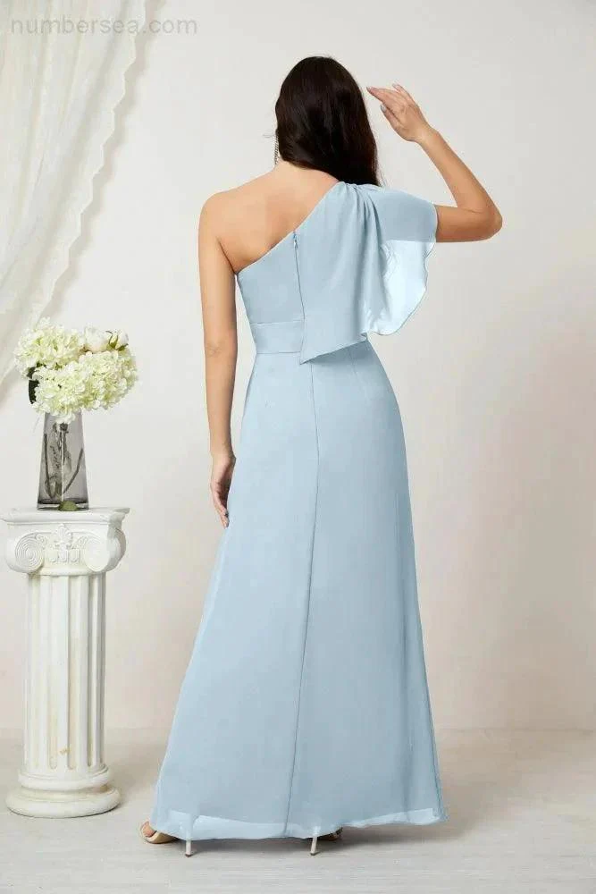 Numbersea  Chiffon Ruffled One Shoulder Long Bridesmaid Dresses A-line Formal Evening Gown Side Split 2809 - Image 14