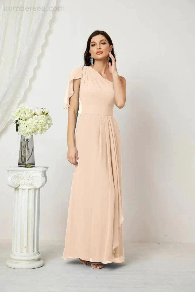 Numbersea  Chiffon Ruffled One Shoulder Long Bridesmaid Dresses A-line Formal Evening Gown Side Split 2809 - Image 140