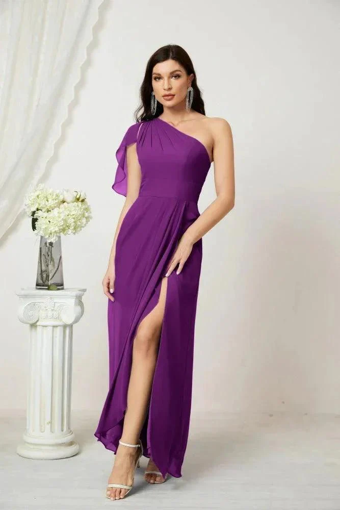 Numbersea  Chiffon Ruffled One Shoulder Long Bridesmaid Dresses A-line Formal Evening Gown Side Split 2809 - Image 141