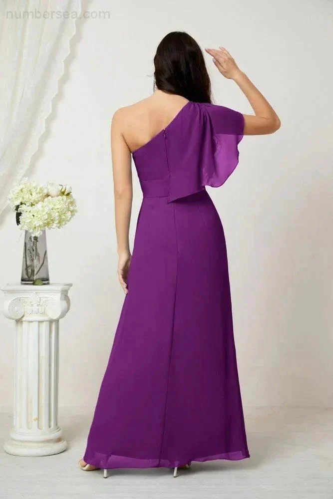 Numbersea  Chiffon Ruffled One Shoulder Long Bridesmaid Dresses A-line Formal Evening Gown Side Split 2809 - Image 142