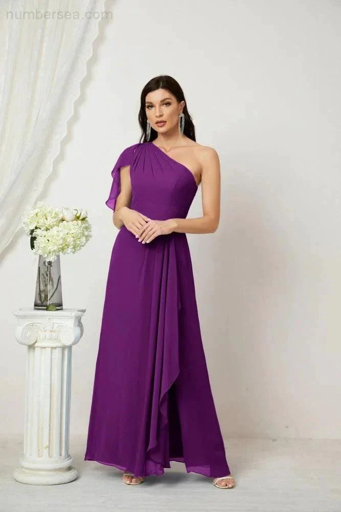 Numbersea  Chiffon Ruffled One Shoulder Long Bridesmaid Dresses A-line Formal Evening Gown Side Split 2809 - Image 143
