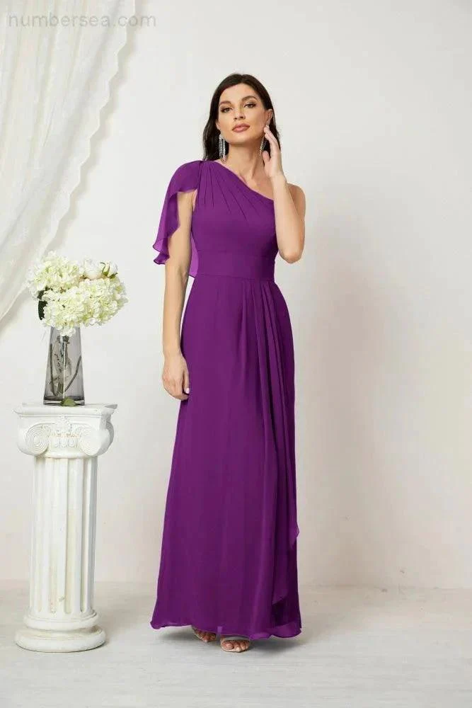 Numbersea  Chiffon Ruffled One Shoulder Long Bridesmaid Dresses A-line Formal Evening Gown Side Split 2809 - Image 144