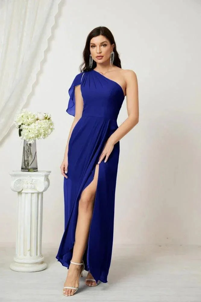 Numbersea  Chiffon Ruffled One Shoulder Long Bridesmaid Dresses A-line Formal Evening Gown Side Split 2809 - Image 145
