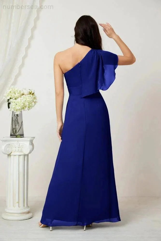 Numbersea  Chiffon Ruffled One Shoulder Long Bridesmaid Dresses A-line Formal Evening Gown Side Split 2809 - Image 146