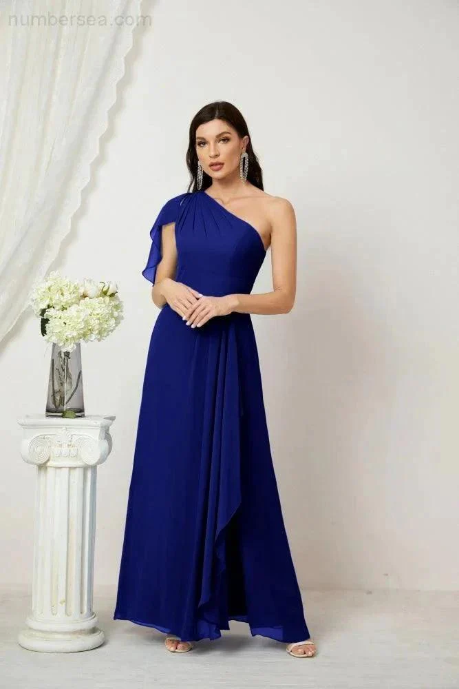 Numbersea  Chiffon Ruffled One Shoulder Long Bridesmaid Dresses A-line Formal Evening Gown Side Split 2809 - Image 147