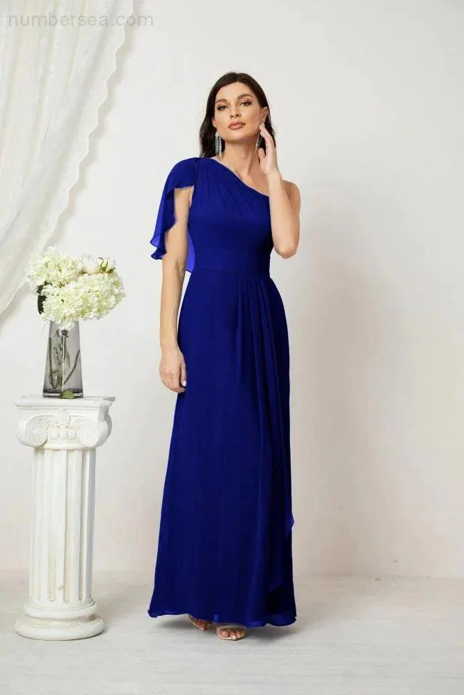 Numbersea  Chiffon Ruffled One Shoulder Long Bridesmaid Dresses A-line Formal Evening Gown Side Split 2809 - Image 148