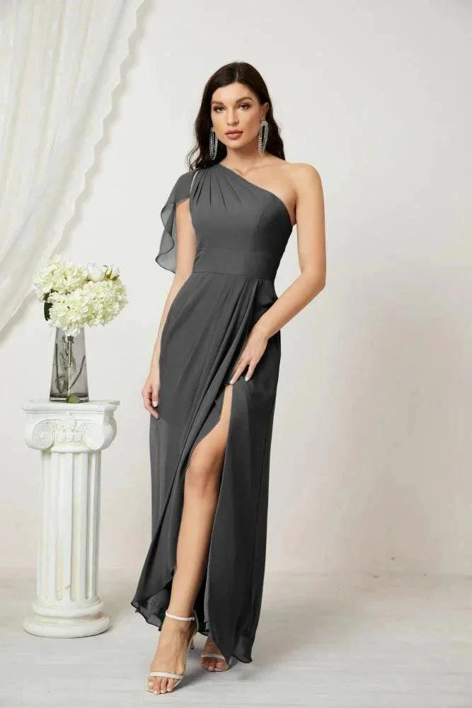 Numbersea  Chiffon Ruffled One Shoulder Long Bridesmaid Dresses A-line Formal Evening Gown Side Split 2809 - Image 149