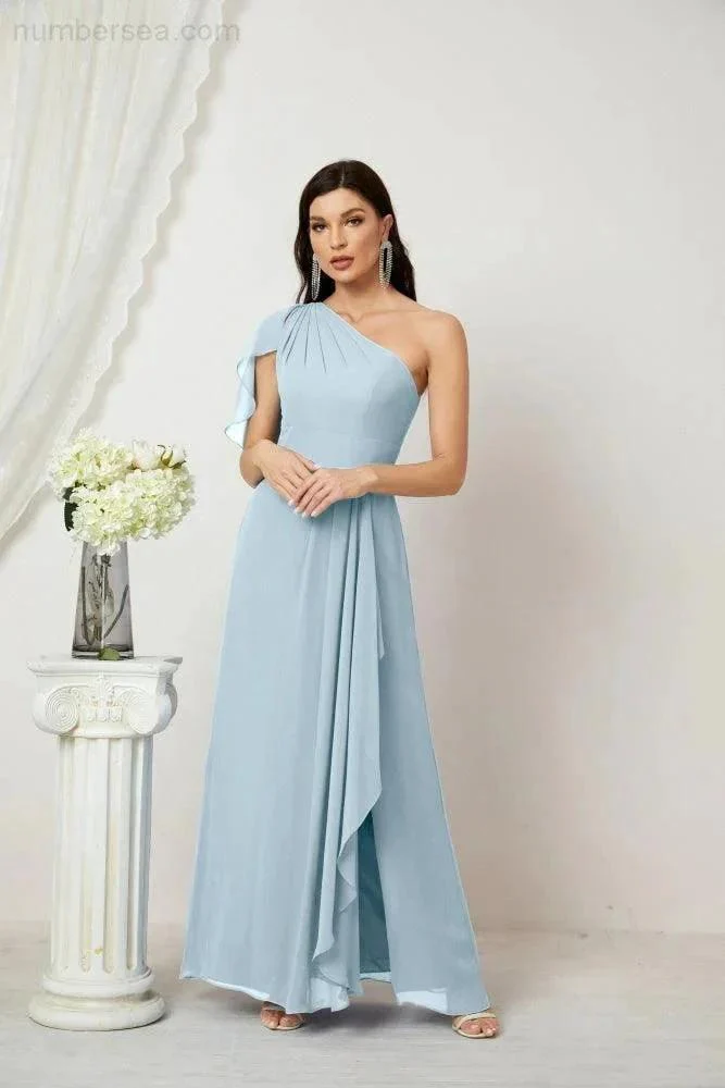 Numbersea  Chiffon Ruffled One Shoulder Long Bridesmaid Dresses A-line Formal Evening Gown Side Split 2809 - Image 15