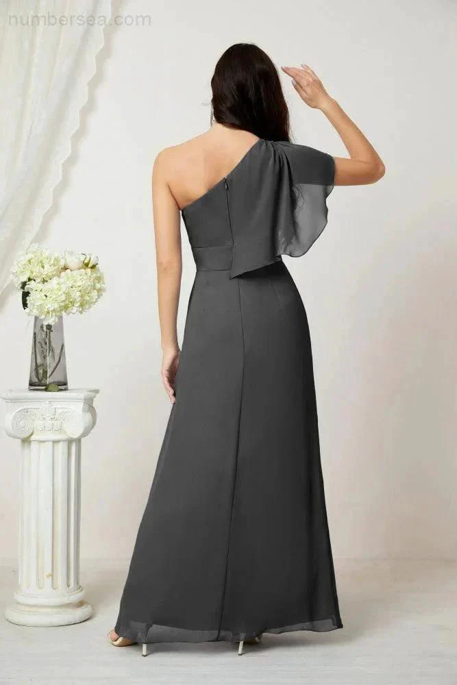 Numbersea  Chiffon Ruffled One Shoulder Long Bridesmaid Dresses A-line Formal Evening Gown Side Split 2809 - Image 150