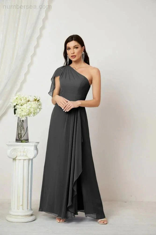 Numbersea  Chiffon Ruffled One Shoulder Long Bridesmaid Dresses A-line Formal Evening Gown Side Split 2809 - Image 151
