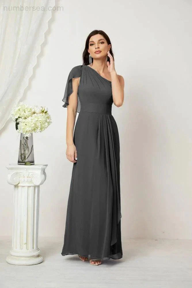 Numbersea  Chiffon Ruffled One Shoulder Long Bridesmaid Dresses A-line Formal Evening Gown Side Split 2809 - Image 152