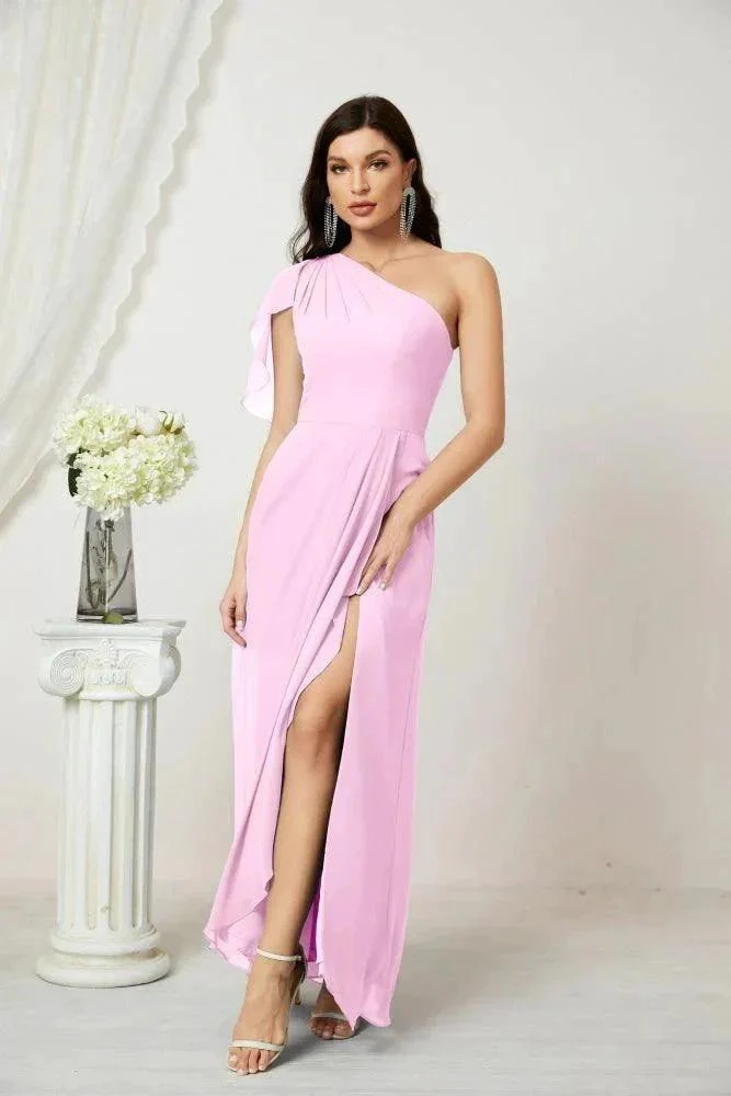 Numbersea  Chiffon Ruffled One Shoulder Long Bridesmaid Dresses A-line Formal Evening Gown Side Split 2809 - Image 153