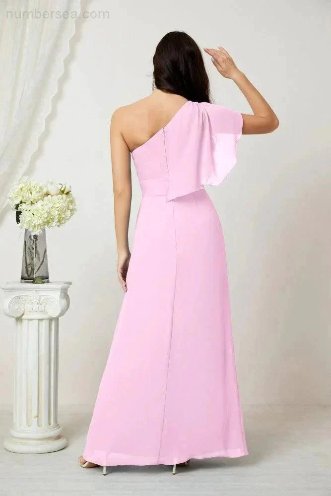 Numbersea  Chiffon Ruffled One Shoulder Long Bridesmaid Dresses A-line Formal Evening Gown Side Split 2809 - Image 154