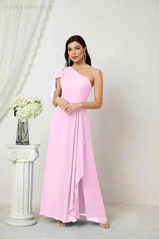 Numbersea  Chiffon Ruffled One Shoulder Long Bridesmaid Dresses A-line Formal Evening Gown Side Split 2809 - Image 155