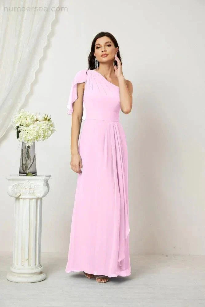 Numbersea  Chiffon Ruffled One Shoulder Long Bridesmaid Dresses A-line Formal Evening Gown Side Split 2809 - Image 156